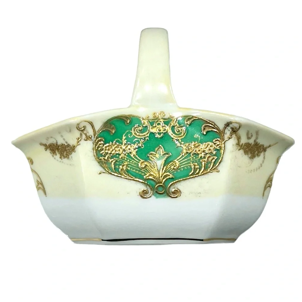 NORITAKE GREEN/GOLD/YELLOW HAND PAINTED PORCELAIN CERAMIC MINI BASKET
